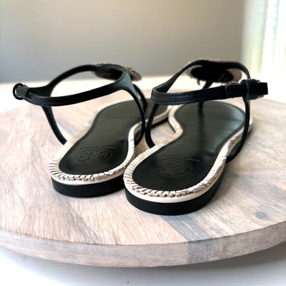 Tory Burch Miller Thong Sandals Black White Logo Leather Flip Flops Size 7M 7 M - Picture 6 of 8